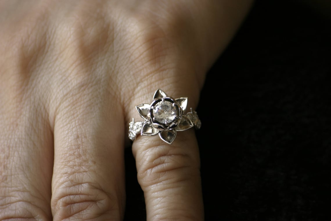 Lotus Flower Engagement Ring Platinum Diamond Unique Lotus Etsy