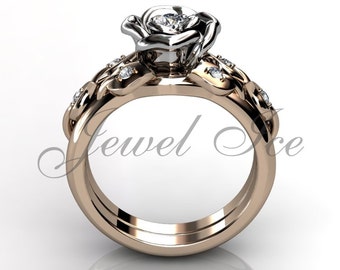 Verlobungsring Set - 14 k Rose und Weißgold Diamant einzigartige Blume Hochzeit Band Verlobungsring Set Jahrestag Ring Set ER-1119-6