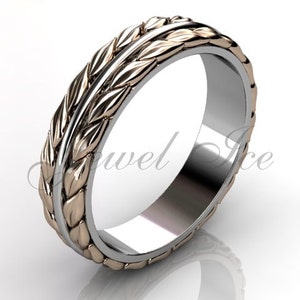 Floral Wedding Band - 14k White and Rose Gold Unique Leaf and Vine Floral Wedding Band LB-2028-5.