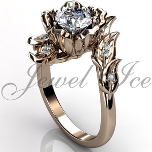Leaf & Flower Engagement Ring - 14k Rose Gold Diamond Unique Leaves and Flower Engagement Ring, Floral Wedding Ring, Promise Ring  ER-1071-3