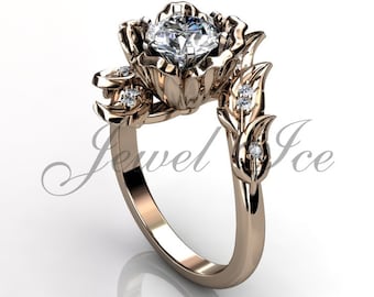 Leaf & Flower Engagement Ring - 14k Rose Gold Diamond Unique Leaves and Flower Engagement Ring, Floral Wedding Ring, Promise Ring  ER-1071-3