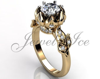 Lotus Flower Engagement Ring - 14k yellow gold diamond unusual unique lotus flower engagement ring, wedding ring, anniversary ring ER-1106-2