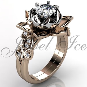 Lotus Flower Engagement Set - 14k Rose and White Gold Diamond Lotus Flower Engagement Ring Wedding Ring Flower Engagement Set ER-1085-6