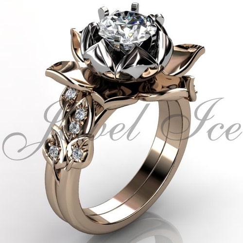 Lotus Flower Engagement Ring 14k White Gold Diamond Unique Etsy