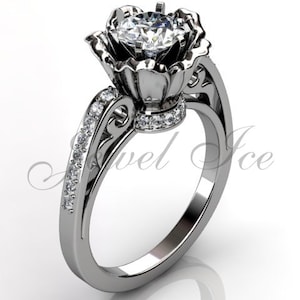 14k white gold diamond unique flower engagement ring, bridal ring, wedding ring ER-1077-1