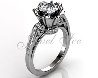 14k white gold diamond unique flower engagement ring, bridal ring, wedding ring ER-1077-1