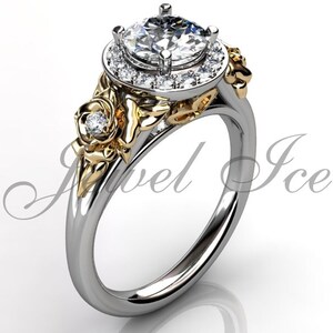 Anillo floral - 14k diamante oro blanco y amarillo Floral único anillo anillo de bodas anillo aniversario ER-1098-4