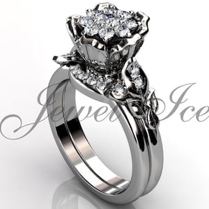 Flower Engagement Ring Set - Platinum Diamond Unique Flower Wedding Band Engagement Ring Set, Floral Wedding Ring, Anniversary Ring ER-1149