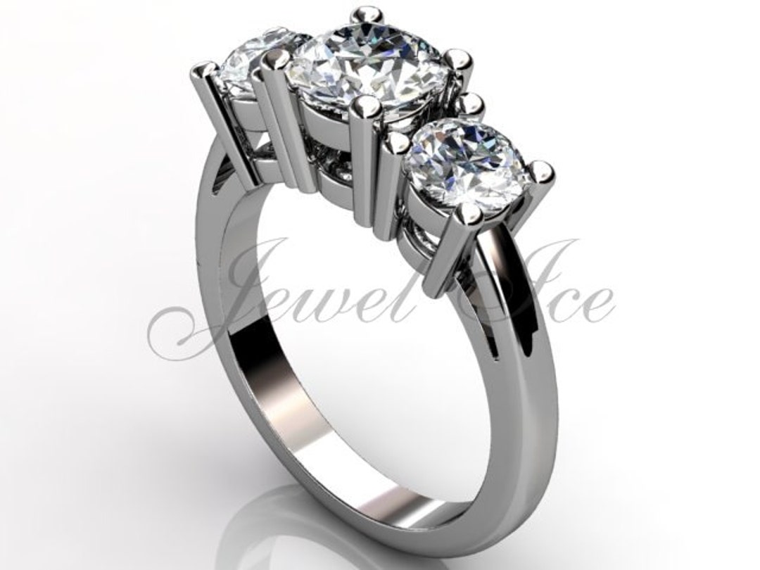 14k White Gold Three Stone Engagement Ring, Bridal Ring, Wedding Ring ...
