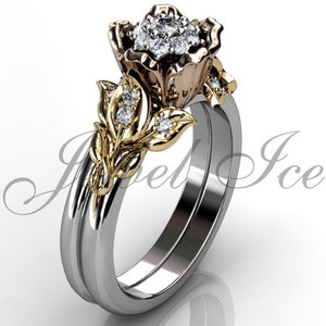 Flower Engagement Ring Set - 14k White Yellow and Rose Gold Diamond Cluster Unique Flower Wedding Band Engagement Ring Set ER-1062-8