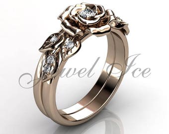 Engagement Ring Set - 14k Rose Gold Diamond Unique Leaf and Vine Flower Wedding Band Engagement Ring Set, Wedding Ring, Bridal Set ER-1140-3