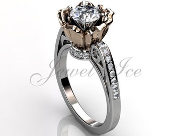 Flower Engagement Ring - 14k White and Rose Gold Diamond Unusual Unique Flower Engagement Ring, Wedding Ring, Anniversary Ring ER-1077-5