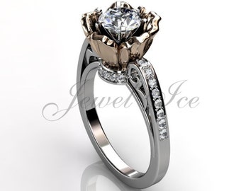 Bloem verlovingsring - 14 k wit en Rose Gold Diamond-ongebruikelijke unieke bloem verlovingsring, trouwring, verjaardag Ring ER-1077-5
