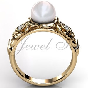 14k yellow gold white pearl diamond unusual unique floral engagement ring, bridal ring, wedding ring ER-1090-2 image 1