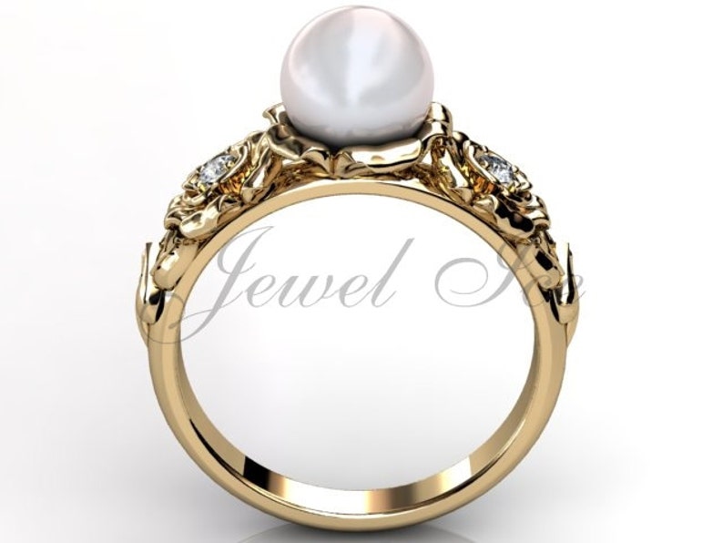 14k yellow gold white pearl diamond unusual unique floral engagement ring, bridal ring, wedding ring ER-1090-2 image 1