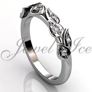 Floral Wedding Band - 14k White Gold Diamond Unusual Unique Leaf and Vine Floral Wedding Band LB-2027-1.