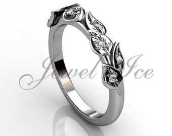 Floral Wedding Band - 14k White Gold Diamond Unusual Unique Leaf and Vine Floral Wedding Band LB-2027-1.