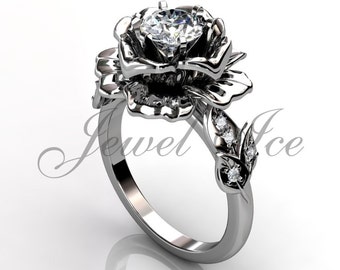 1ct Lab Grown Diamond Platinum Flower Engagement Ring, Floral Vintage Ring, Promise Ring for Her, Anniversary Ring, Art Deco Ring ER-1032