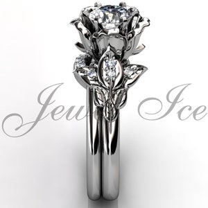 14k white gold diamond unusual unique flower engagement ring, bridal ring, wedding ring, flower engagement set ER-1082-1