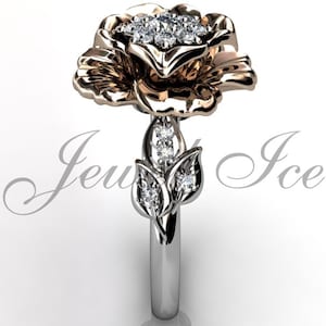 14k two tone white and rose gold diamond unusual unique cluster flower engagement ring, bridal ring, wedding ring ER-1053-5