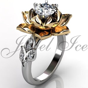Lotus Flower Engagement Ring - 14k White & Yellow Gold Diamond Unique Lotus Flower Engagement Ring, Lotus Flower Wedding Ring ER-1076-4