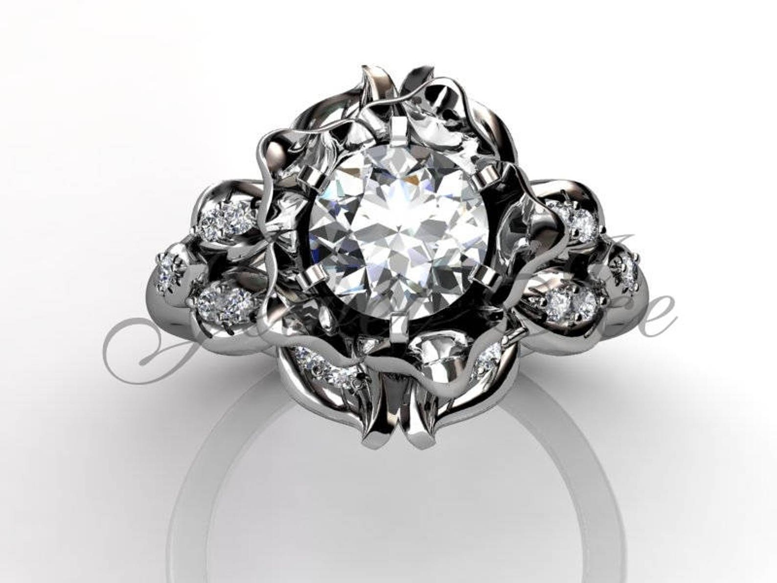 Leaves & Flower Engagement Ring 14k White Gold Diamond Etsy