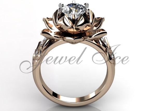 Lotus Flower Engagement Ring 14k Rose Gold Diamond Unique Lotus