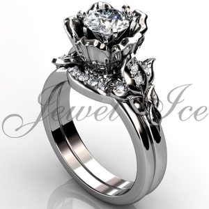Platinum diamond unusual unique flower engagement ring, bridal ring, wedding ring, flower engagement set ER-1082