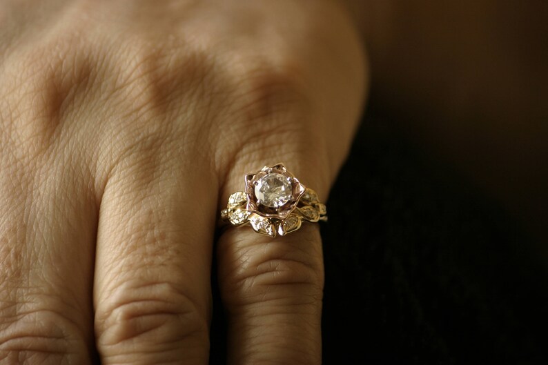 Moissanite Engagement Ring 14k White Rose and Yellow Gold Forever One Moissanite Diamond Flower Engagement Ring, Wedding Ring ERMZ-1058-8 image 6