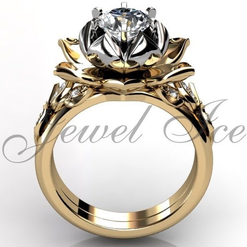 Lotus Flower Engagement Ring 14k White and Rose Gold Diamond Etsy