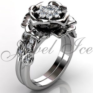 14k white gold diamond unusual unique flower engagement ring, bridal ring, wedding ring, flower engagement set ER-1064-1