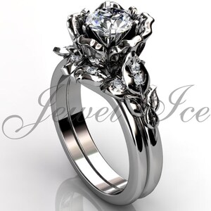 14k white gold diamond unusual unique flower engagement ring, bridal ring, wedding ring, flower engagement set ER-1041-1
