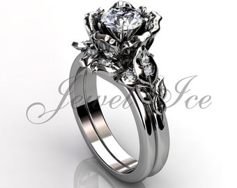 14k Weißgold Diamant ungewöhnlich unikat Blumen Verlobungsring, Brautring, Trauring, Blumen Verlobungsset ER-1041-1