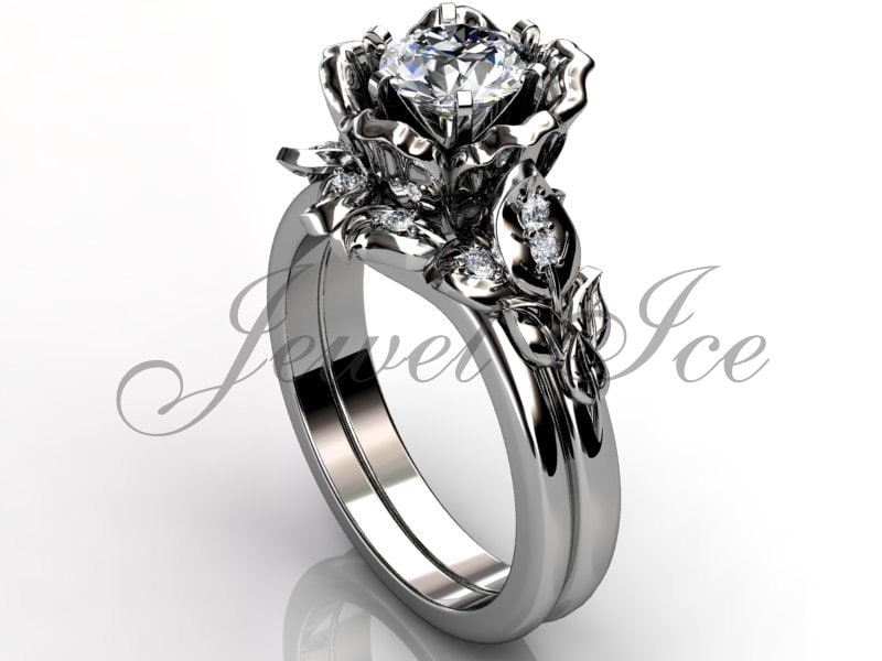 14k white gold diamond unusual unique flower engagement ring, bridal ring, wedding ring, flower engagement set ER-1041-1