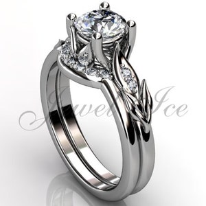 14 k oro blanco diamante inusual único floral anillo de compromiso, anillo nupcial, boda, compromiso floral set ER-1068-1