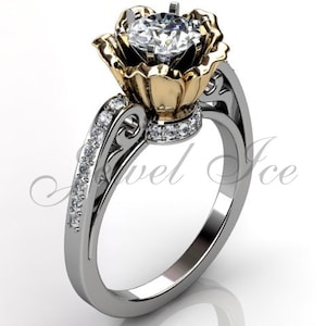 Flower Engagement Ring - 14k White and Yellow Gold Diamond Unique Art Deco Flower Engagement Ring, Wedding Ring, Anniversary Ring ER-1077-4