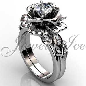 14k white gold diamond unique flower engagement ring, bridal ring, wedding ring, flower engagement set  ER-1055-1