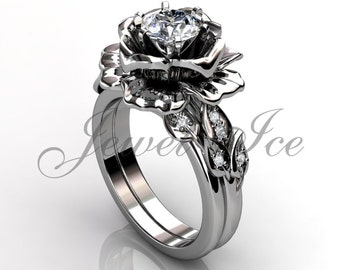 14k Weißgold Diamant einzigartige Blume Verlobungsring, Brautring, Ehering, Blume Verlobungsset ER-1055-1