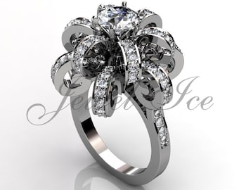 14k White Gold Diamond Unique Flower Engagement Ring, Bridal Ring, Wedding Ring, Anniversary Ring, Art Deco Flower Ring ER-1030-1