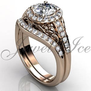 Engagement Ring Set - 14k Rose Gold Diamond Unique Art Deco Filigree Scroll Wedding Band Engagement Ring Set, Twig Wedding Ring ER-1143-3