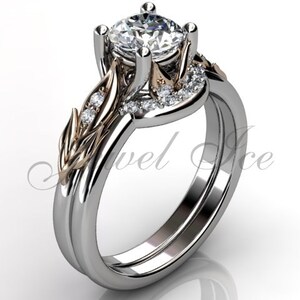 14k ツートンホワイトとローズゴールドダイヤモンド珍しいユニークな花の婚約指輪、結婚指輪、花の婚約セット ER-1068-5