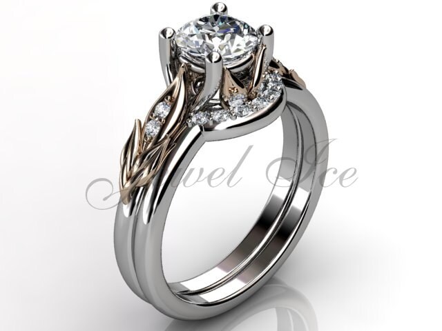 14k Ton zwei weiße und Rosa gold Diamant ungewöhnliche einzigartigen floral Verlobungsring, Ehering, floral Engagement set ER-1068-5
