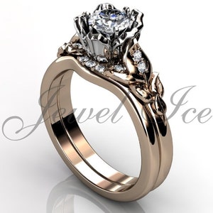 Engagement Ring Set - 14k Rose and White Gold Diamond Unique Flower Wedding Band Engagement Ring Set Bridal Set ER-1120-6