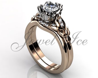 Verlobungsring Set - 14k Rose und White Gold einzigartige Blume Hochzeit Band DiamantVerlobungsring Braut gesetzt ER-1120-6