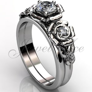 14k white gold diamond unusual unique flower engagement ring, bridal ring, wedding ring, flower engagement set ER-1089-1