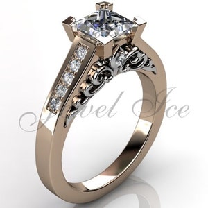 Moissanite Engagement Ring Vintage Fleur-de-Lis 14k rose and white gold Forever One Moissanite diamond floral engagement ring ERMZ-1093-6 image 5