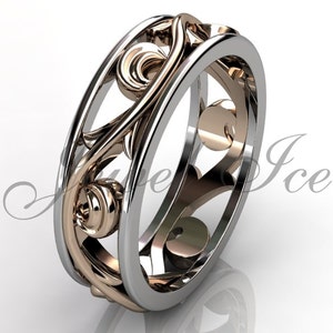 Floral Wedding Band - 14k White and Rose Gold Unusual Unique Art Deco Leaf and Vine Floral Wedding Band LB-2029-5.