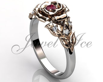 Ruby & Genuine Diamond Engagement Ring, 14k White and Rose Gold Flower Engagement Ring, Ruby July Birthstone Ring, Mothers Ring BR-1059-5R