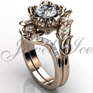14k rose gold diamond unusual unique flower engagement ring, bridal ring, wedding ring, flower engagement set  ER-1083-3