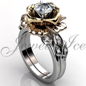 14k three tone white, rose and yellow gold diamond unusual flower engagement ring, wedding ring, flower engagement set ER-1055-8